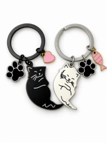 1 Pair Of New Creative Fish And Heart Black And White Cartoon Cat Keychains, Cute Couple Keychain Pendant - Multicolor - View 4