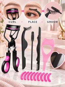 Portable Eyelash Curler Set, Multi-In-One Eyelash Makeup Tool Kit, Includes Eyelash Applicator, Eyelash Brush, Silicone Pad And Heart-Shaped Mirror, Travel Beauty Tools, Lash Tools, Lashes Kit Set - Multicolor - View 1
