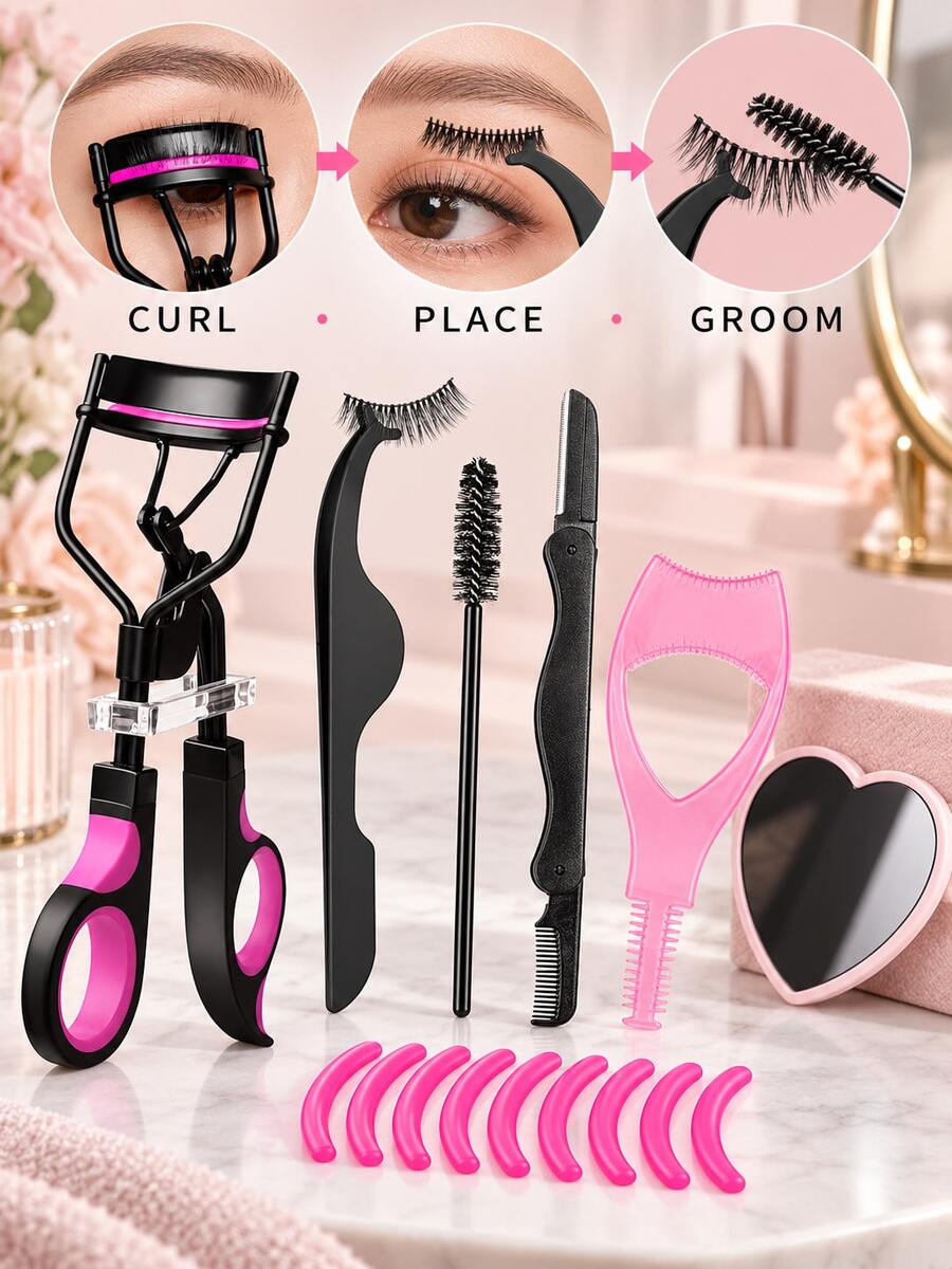 Portable Eyelash Curler Set, Multi-In-One Eyelash Makeup Tool Kit, Includes Eyelash Applicator, Eyelash Brush, Silicone Pad And Heart-Shaped Mirror, Travel Beauty Tools, Lash Tools, Lashes Kit Set - Multicolor - View 1