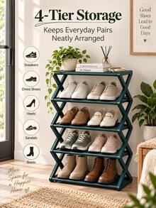 Easy To Assemble Foldable Multi-Tier Shoe Rack, Perfect For Narrow Entryway Or Hallway Spaces In Compact Homes. High Weight Capacity And Space-Saving Design, Featuring Non-Woven Fabric Shelves And Metal Tube Frame. - Multicolor - View 4