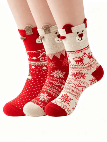 6 Pairs Women's Christmas Santa, Snowman, Reindeer Red Mid-Calf Socks, Suitable For Christmas Outfits Sport Socks With Christmas Elements, Perfect For Wearing During The Holiday Season