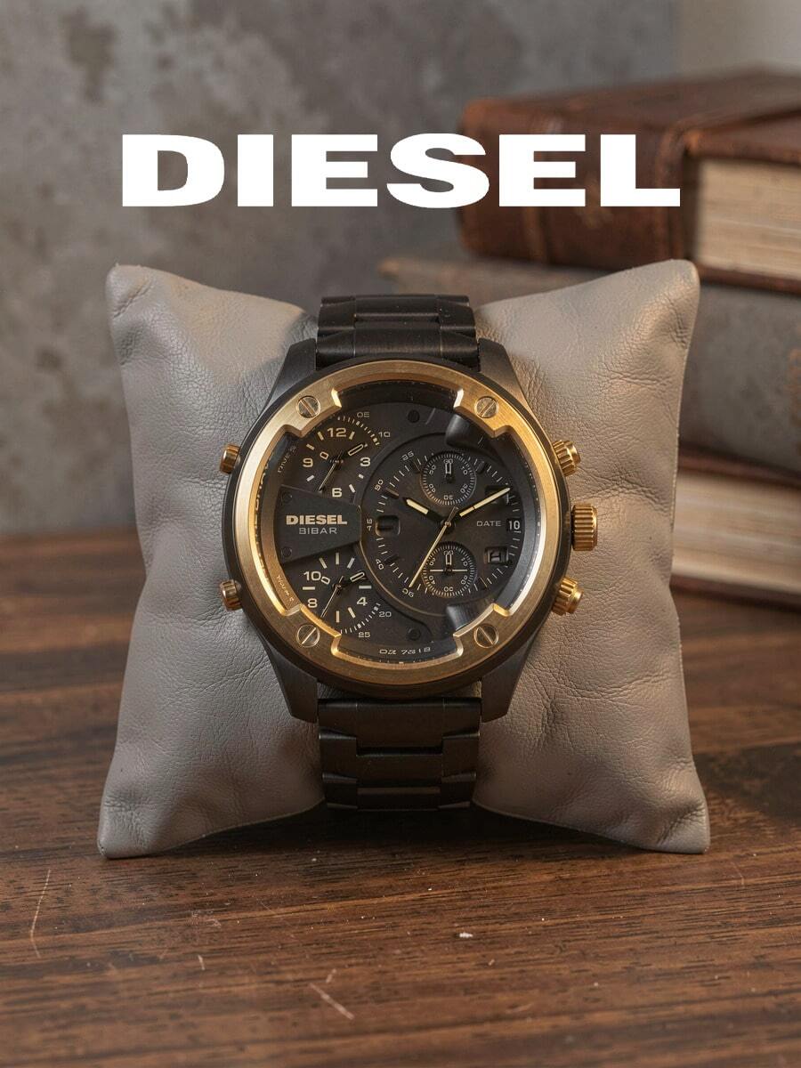 Jam Tangan Pria Diesel DZ7418 Bold Two‑Tone Large‑Case, Quartz Chronograph Multi‑TimeZone Dial Black‑Gold Metal Case Industrial‑Street Male Accessory - Hitam - View 1