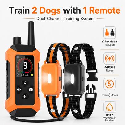 4400FT Dual Channel Dog Training Collar For 2 Dogs, Outdoor Remote Shock Collar For Dogs Both At Once, 5 Modes Beep Vibrator Shock Boost No-Shock, IP67 Waterproof Rechargeable, All Types 5-150 Lbs