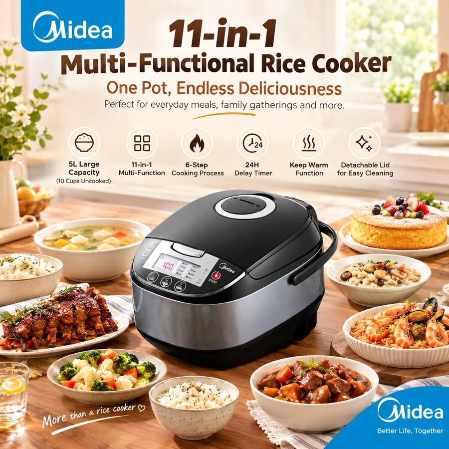 Midea Comfee 5L Rice Cooker, 10-Cup Uncooked 11-in-1 Electric Rice Cooker with Multi-Function Cooking, 6-Step Cooking Process, Non-Stick Inner Pot, 24H Delay Timer, Keep Warm Function, Detachable Lid, Large Capacity Rice Cooker for Family - EU F-Typ Stecker (220-240V) - Übersicht 1