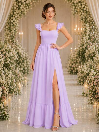 Volly Toych Elegant Lilac Purple Chiffon Bridesmaid Maxi Dress, Spaghetti Straps, Ruffle Sleeves, High Slit Long Skirt, Suitable For Formal Occasions Or Vacation