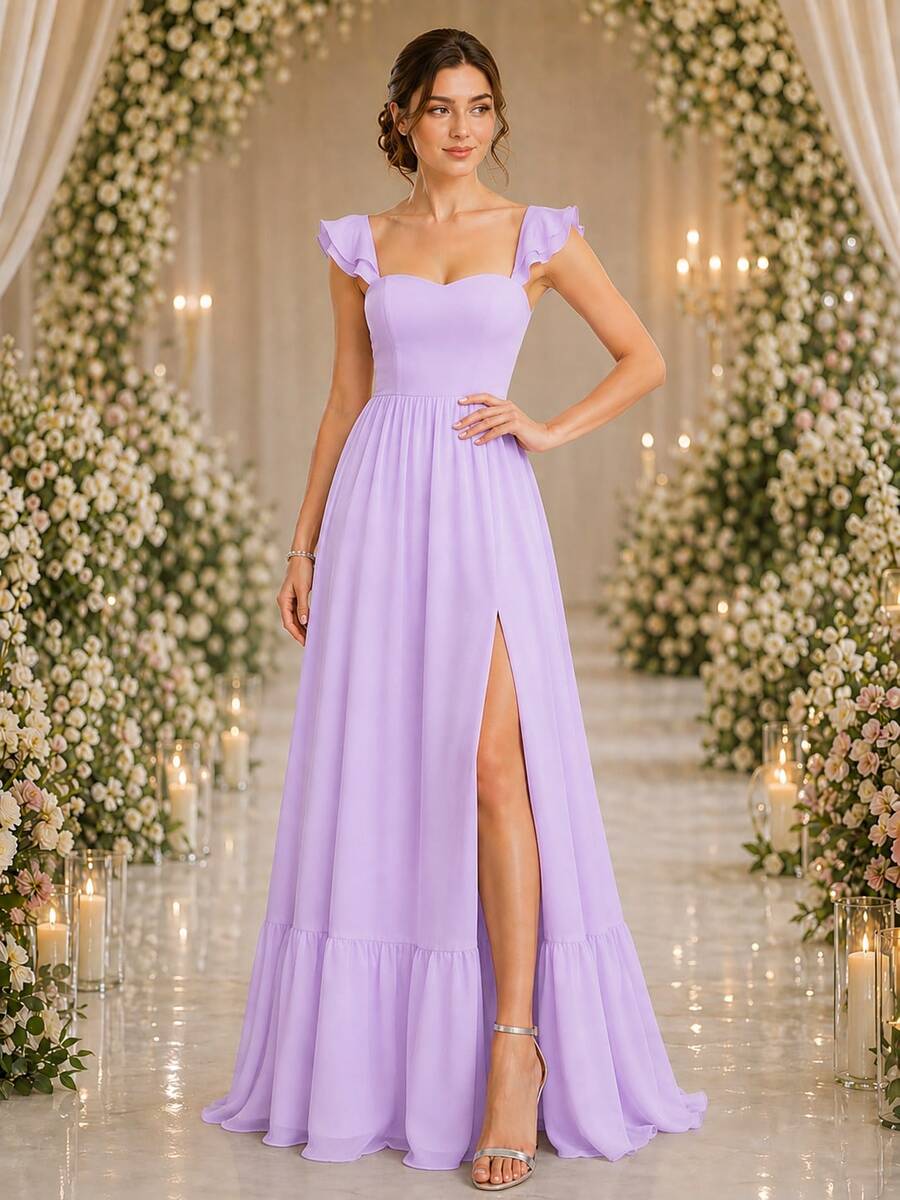 Volly Toych Elegant Lilac Purple Chiffon Bridesmaid Maxi Dress, Spaghetti Straps, Ruffle Sleeves, High Slit Long Skirt, Suitable For Formal Occasions Or Vacation - Mauve Purple - View 1