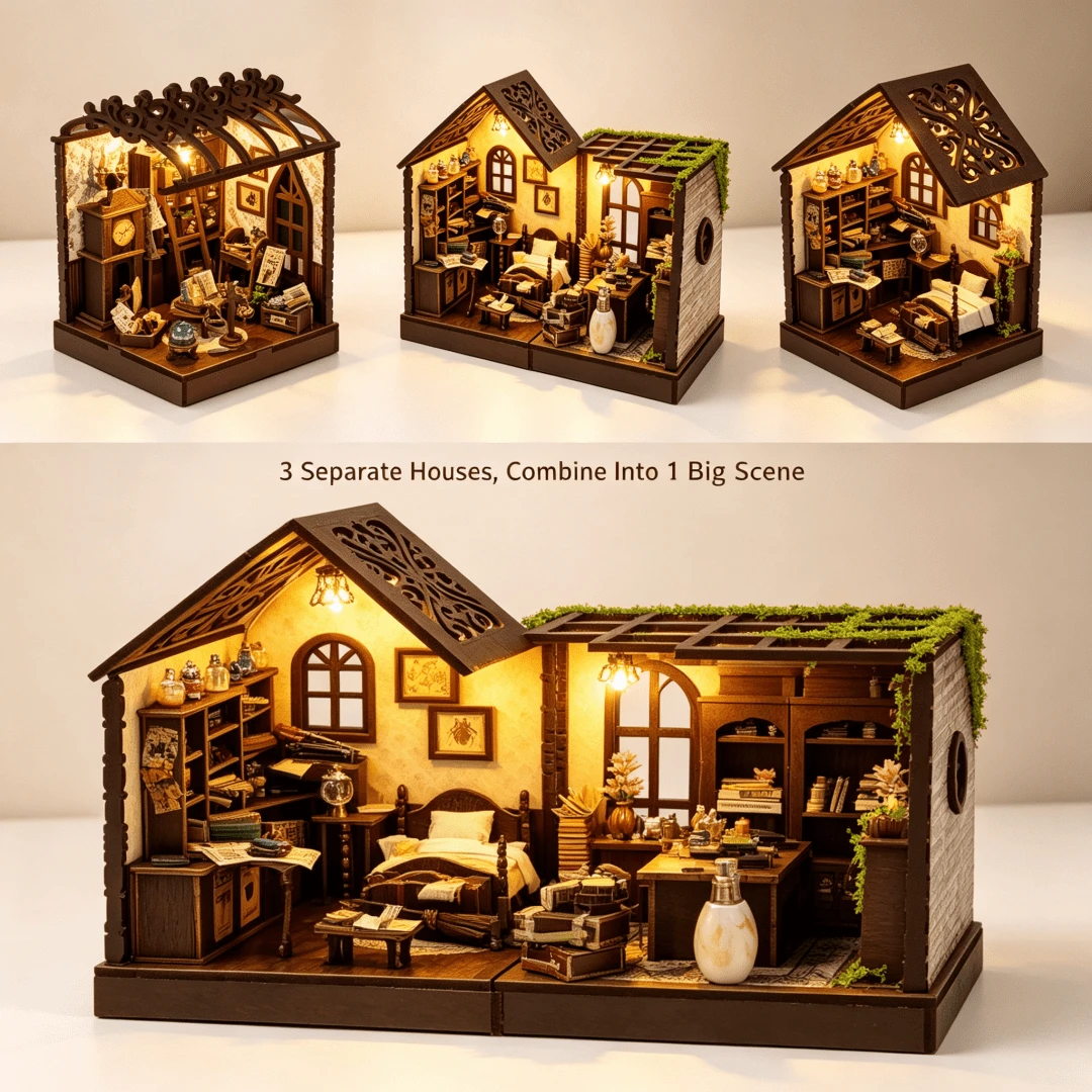 DIY 3-In-1 Detachable Miniature House 3D Wooden Architecture Model Assembly Kit, Creative Handmade Art For Collection And Home Decor, Perfect Birthday, Christmas And Holiday Gift Surprise For Friends And Family - Multicolor - View 1