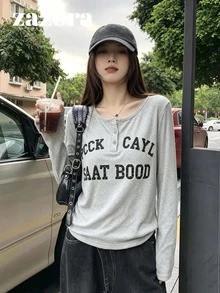 女款復古做舊印花字母長袖灰色T恤，圓領、設計鈕扣、標準肩寬上衣 - 淺灰色 - 查看 7