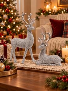 2pcs Silver Reindeer Figurines Set, Sparkling Christmas Deer Statues With Standing & Reclining Designs, Elegant Holiday Tabletop Decor For Mantel Fireplace Shelf Living Room Dining Table, Winter Xmas Home Decoration Gift - New - View 5