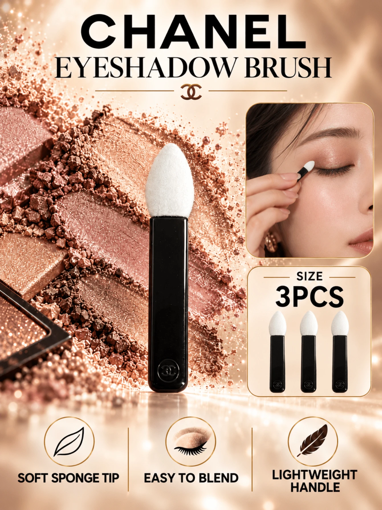 Chanel Eyeshadow Brush 3-Pack, 0.8*4cm, Soft Sponge Tip, Precise Application, Compact And Portable, Ideal For Eye Makeup