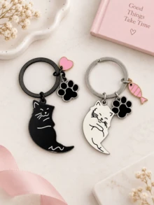 1 Pair Of New Creative Fish And Heart Black And White Cartoon Cat Keychains, Cute Couple Keychain Pendant - Multicolor - View 6