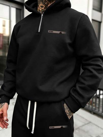 Men's Autumn/Winter Letter Print Thermal Lined Warm Half-Zip Hooded Sweatshirt And Drawstring Waist Straight Leg Pants Set