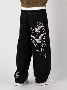 Men's Floral Crane Embroidery Pattern Casual Daily Denim Jeans - Black - View 2