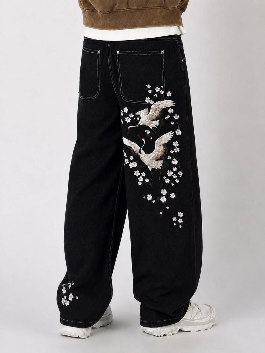 Men's Floral Crane Embroidery Pattern Casual Daily Denim Jeans - Black - View 1