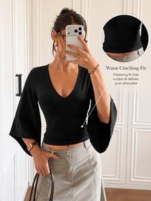 Y2K Slim Fit V-Neck Bell Sleeve Cropped Top, Suitable For Street Style, Daily Wear And Weekend Outings - Black - View 2