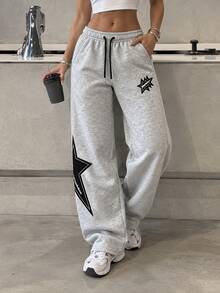 Women's Star Pattern Wide Leg Sweatpants, Elastic Waist Street Style Joggers With Pockets Sports Fall - Grey - View 1