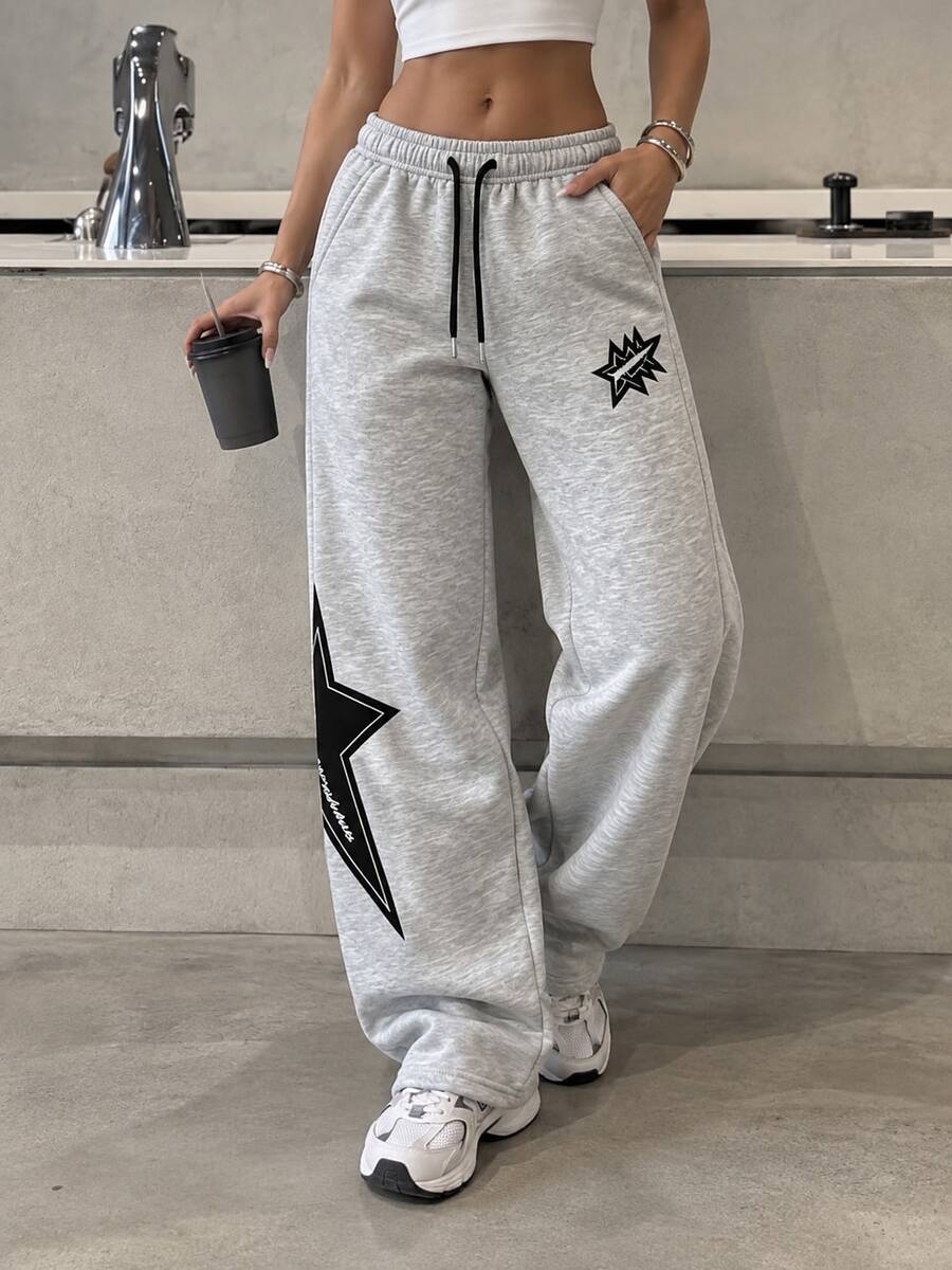 Women's Star Pattern Wide Leg Sweatpants, Elastic Waist Street Style Joggers With Pockets Sports Fall - Grey - View 1