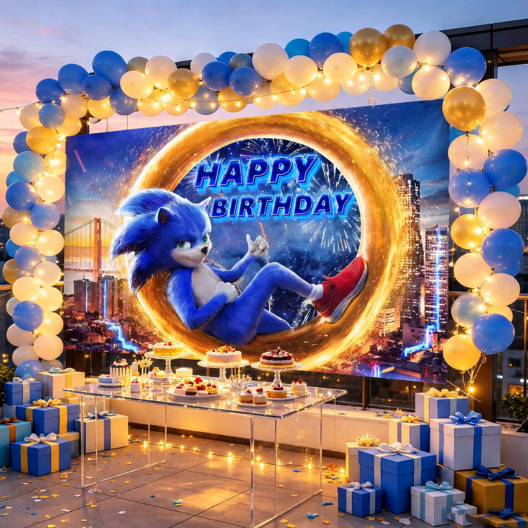 Sonic 音速主題金色圓圈背景布，適合兒童生日派對，理想的主題牆面裝飾、慶祝活動、房間佈置與展示道具 - 彩色 - 查看 2