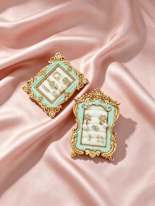 1pc New Gold Carved Mint Green Vintage Resin Scroll Velvet Jewelry Storage Box, Vintage Frame Scroll Ring Tray, Necklace & Earring Display Stand, Home Decor Artwork, Holiday Gift, Jewelry Tower, Earring Rack, Jewelry Organizer, Classic Jewelry Prop - Multicolor - View 2