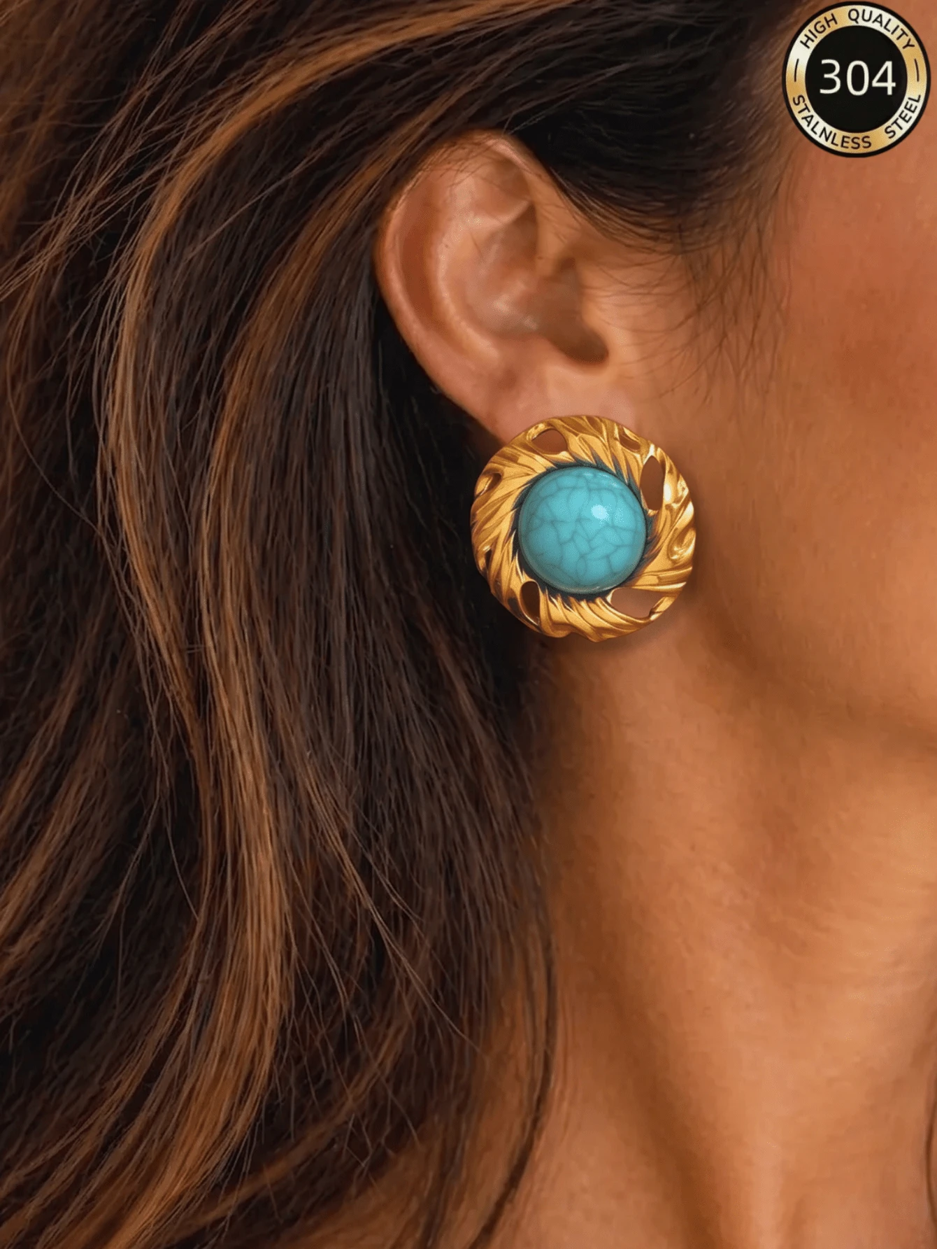 1 Pair Exotic Vintage Bohemian Stainless Steel Gold Hollow Wave Round ...