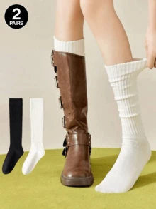 Women's Autumn/Winter Sweet Cool Girl Style Slouchy Socks Over-The-Knee Socks Solid Color Black And White Basic Style Perfect 1/2/3/5/10 Pairs - Multicolor - View 14