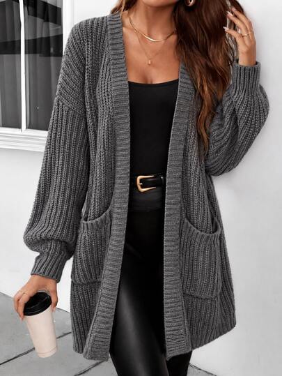 Women's Fall Cozy Oversized Long Knit Cardigan-Open Front Women's Sweater Top With Balloon Sleeves&Large Pockets,Soft Chunky Texture,Relaxed Loose Fit