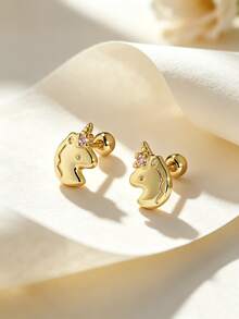 Artepollo 1Pair 925 Sterling Silver 14K Gold Plated Stud Earrings Cute Dinosaur Whale Pineapple Shell Unicorn Bow Ear Studs Girls Daily Jewelry, Gift Box Packed - Gold - View 2