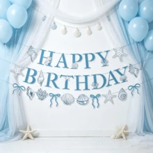 1 Set/2 Sets/3 Sets/5 Sets Blue Bow, Starfish, Shell Happy Birthday Banner Decorations, Suitable For Ocean Beach Theme Birthday Party, Mermaid Summer Holiday Decor - Blue - View 3