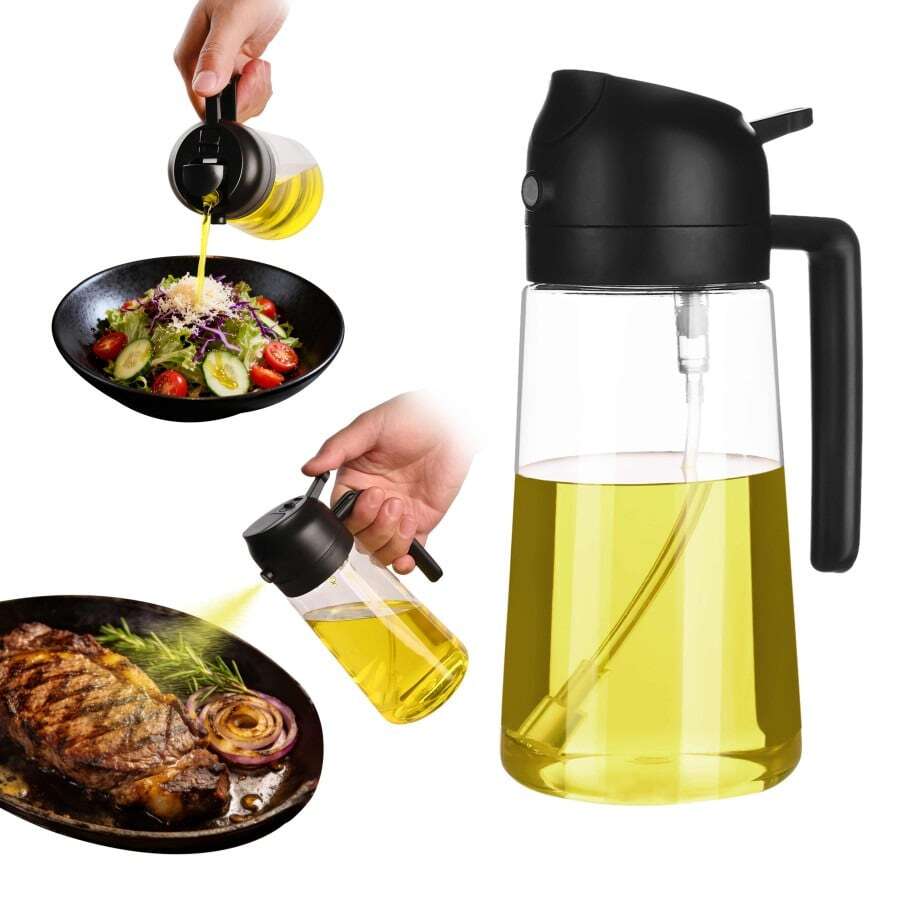 Multifunctional Kitchen Glass Oil Spray Bottle, Dual-Purpose Invertible Sprayer, Wide Mouth Leakproof No Drip, 65° Wide-Angle Even Atomization For Cooking Barbecue