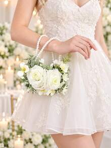 1pc Faux Pearl Double Hoop Bouquet, Artificial White Rose & Greenery Handheld Flower, Bridal Wedding Photo Prop - White - View 1