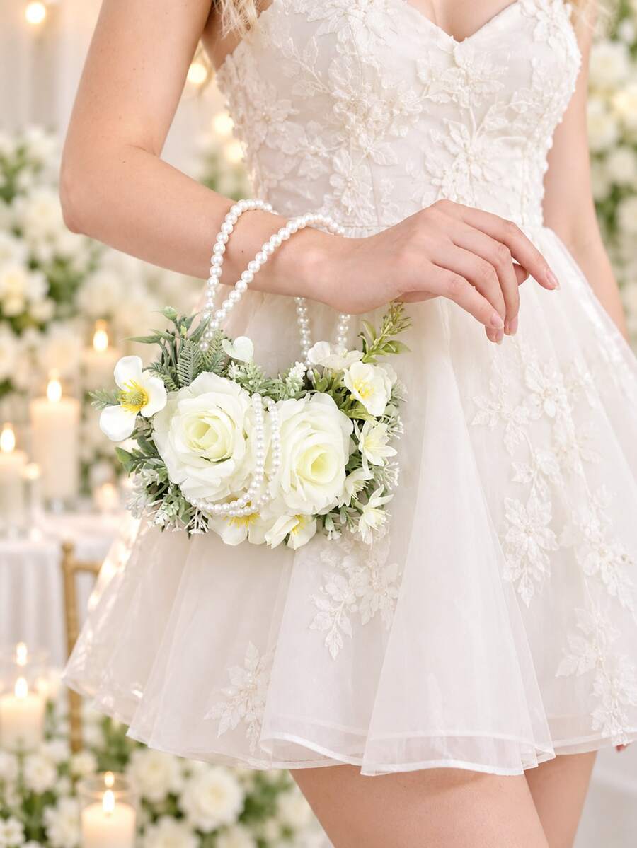 1pc Faux Pearl Double Hoop Bouquet, Artificial White Rose & Greenery Handheld Flower, Bridal Wedding Photo Prop - White - View 1
