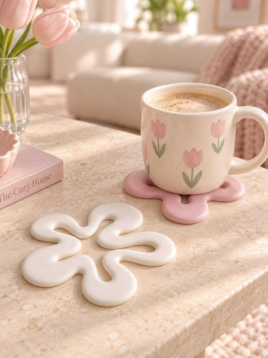 1Pc Silicone Irregular Wavy Flower Coaster Set, Heat Resistant Non-Slip Reusable Drink Mat, Modern Aesthetic Coffee Tea Mug Pad, Minimalist Fall Home Kitchen Dining Table Decor, Holiday Gift For Christmas Thanksgiving & Daily Use. Room Decor