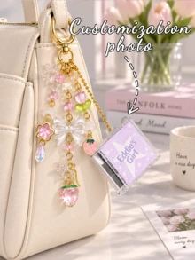 Cute Mini CD Case Keychain, Pink Strawberry Tulip Bow Bead Charms, Custom Photo Bag Pendant For Music Lovers - Multicolor - View 1