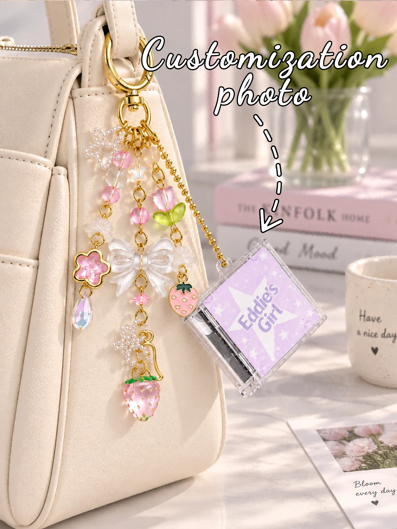 Cute Mini CD Case Keychain, Pink Strawberry Tulip Bow Bead Charms, Custom Photo Bag Pendant For Music Lovers - Multicolor - View 1