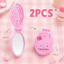 MONKIDS 2pcs Portable Folding Air Cushion Comb With Mirror, Wet & Dry Use, Unisex, Travel Makeup Comb, Mini Hairbrush For Girls, Suitable For All Hair Types Including Straight, Curly, Thick, Long, Wavy And Damaged Hair - Pink - View 12