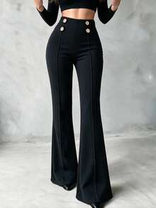 Women High Waist Button Detail Flare Pants, Front Seam Slim Fit Bell Bottom Trousers, Elegant Office Work Pants - Black - View 1