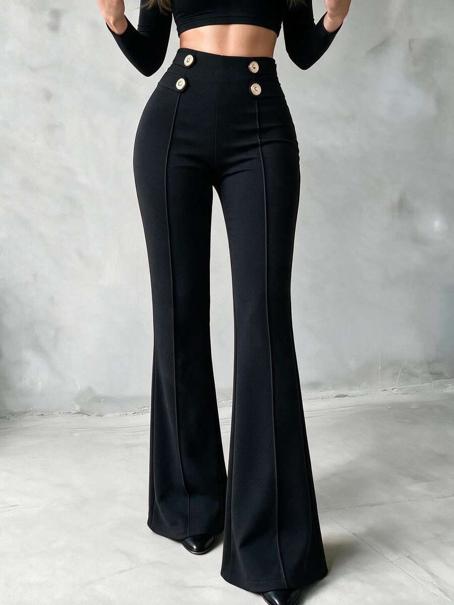 Women High Waist Button Detail Flare Pants, Front Seam Slim Fit Bell Bottom Trousers, Elegant Office Work Pants - Black - View 1