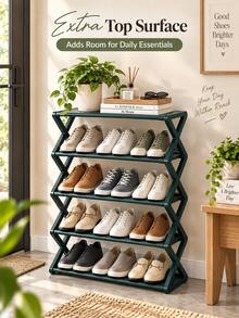 Easy To Assemble Foldable Multi-Tier Shoe Rack, Perfect For Narrow Entryway Or Hallway Spaces In Compact Homes. High Weight Capacity And Space-Saving Design, Featuring Non-Woven Fabric Shelves And Metal Tube Frame. - Multicolor - View 6
