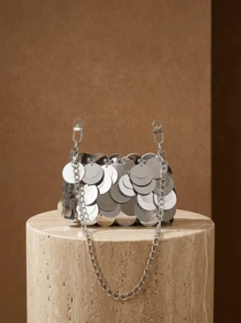 CAJUNI 1pc Fashionable Silver Sparkling PU Shoulder Bag (Same Style As The Picture) ,Sequin - Silver - View 4