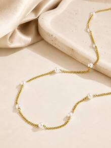 VceTd 2PCS French Gentle Style Stainless Steel Women's Necklace Set With Water Drop Pendant And White Round Bead Necklace, Suitable For Daily Layering Or Wearing At Dates And Gatherings - Yellow Gold - View 7