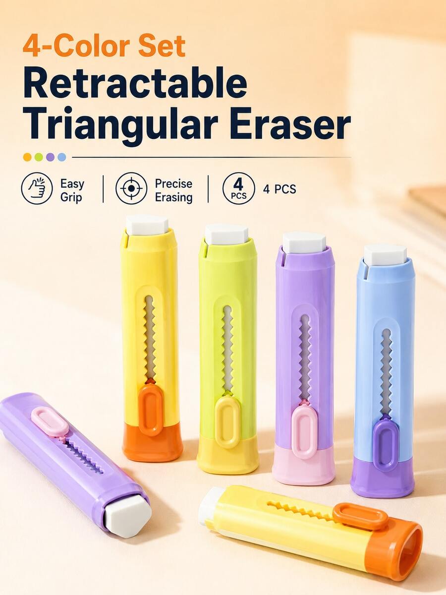 4pcs Retractable Pencil Erasers, Triangular Eraser Set With Sliding Holders For Kids, School Supplies & Back To School Supplies - Multicolor - View 1
