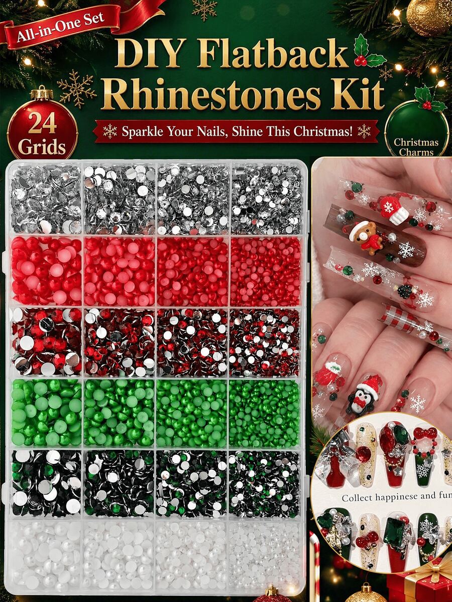 24 Grids All-In-One Christmas Flatback Rhinestones Kit, Mixed Red Green White 3mm/4mm/5mm/6mm Multi-Size Crystal Rhinestone & Pearl Beads, Sparkly 3D Nail Art Decorations & Gems For DIY Manicure Nail Supplies Nails Nail Gems - Multicolor - View 1