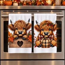 2pcs Highland Cow Pumpkin Maple Leaf Print Kitchen Towels, Plaid Pattern Tea Towels Hand Towels Dish Cloths, Rustic Farmhouse Style Harvest Season Autumn Kitchen Decor Towels, Suitable For Thanksgiving, Autumn Home Decor, Kitchen Restaurant Decoration - Multicolor - View 3