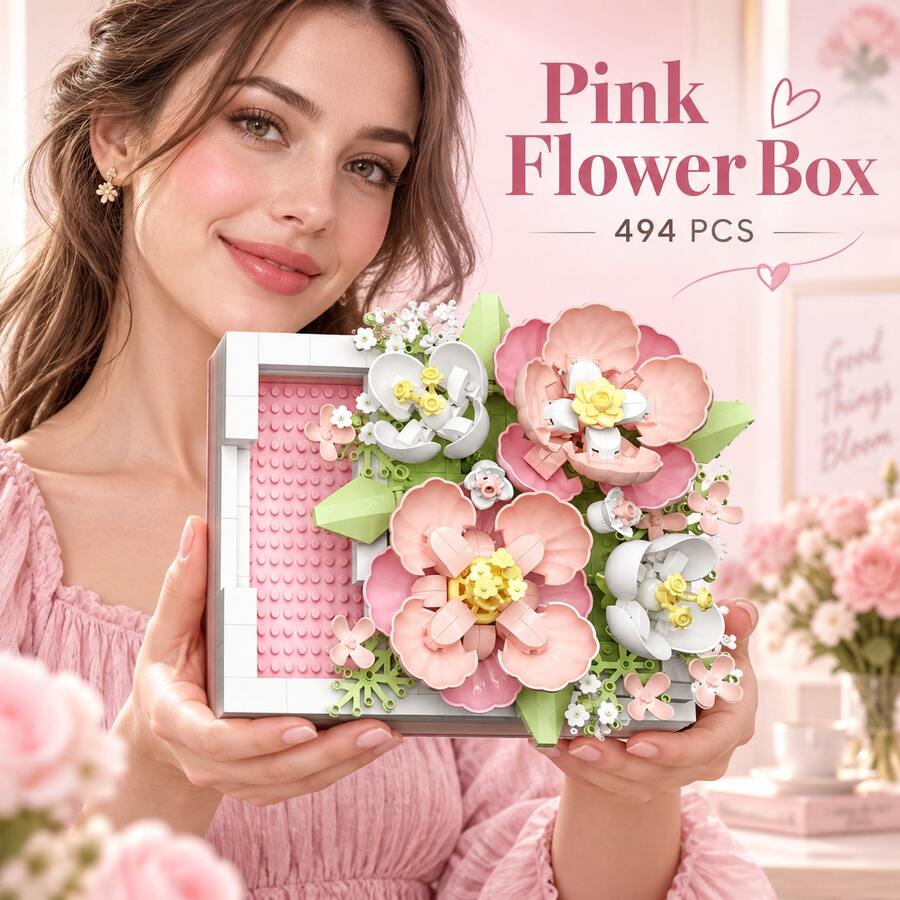 Bộ 494 khối xây dựng hộp hoa hồng, mô hình trưng bày hoa gấp gọn, đồ trang trí bàn làm việc sưu tầm cho người lớn, bộ lắp ráp hoa lãng mạn, phù hợp trang trí nhà và kệ sách