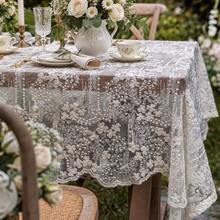 1pc Polyester Tablecloth, Elegant White Lace, Floral Pattern, Embroidered Design, Machine Made, Home Tablecloth, Square/Rectangular, Suitable For Wedding, Birthday, Thanksgiving, New Year, Home Decor, Hawaiian Theme - Apricot Embroidery - View 7