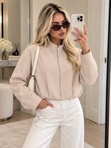 Women's Minimalist Stand Collar Short Flight Jacket - Apricot - View 1