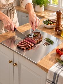 Stainless Steel Folded Edge Cutting Board, Double-Sided Kitchen Chopping Board, Suitable For Meat, Vegetables, Fruit, Dough, Food Preparation Countertop, Easy To Clean And Reusable Kitchen Cutting Mat, Home Cooking And Baking Kitchen Accessory - Multicolor - View 14