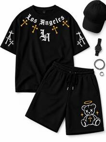 Men T-Shirt Co-Ords - Black - View 1