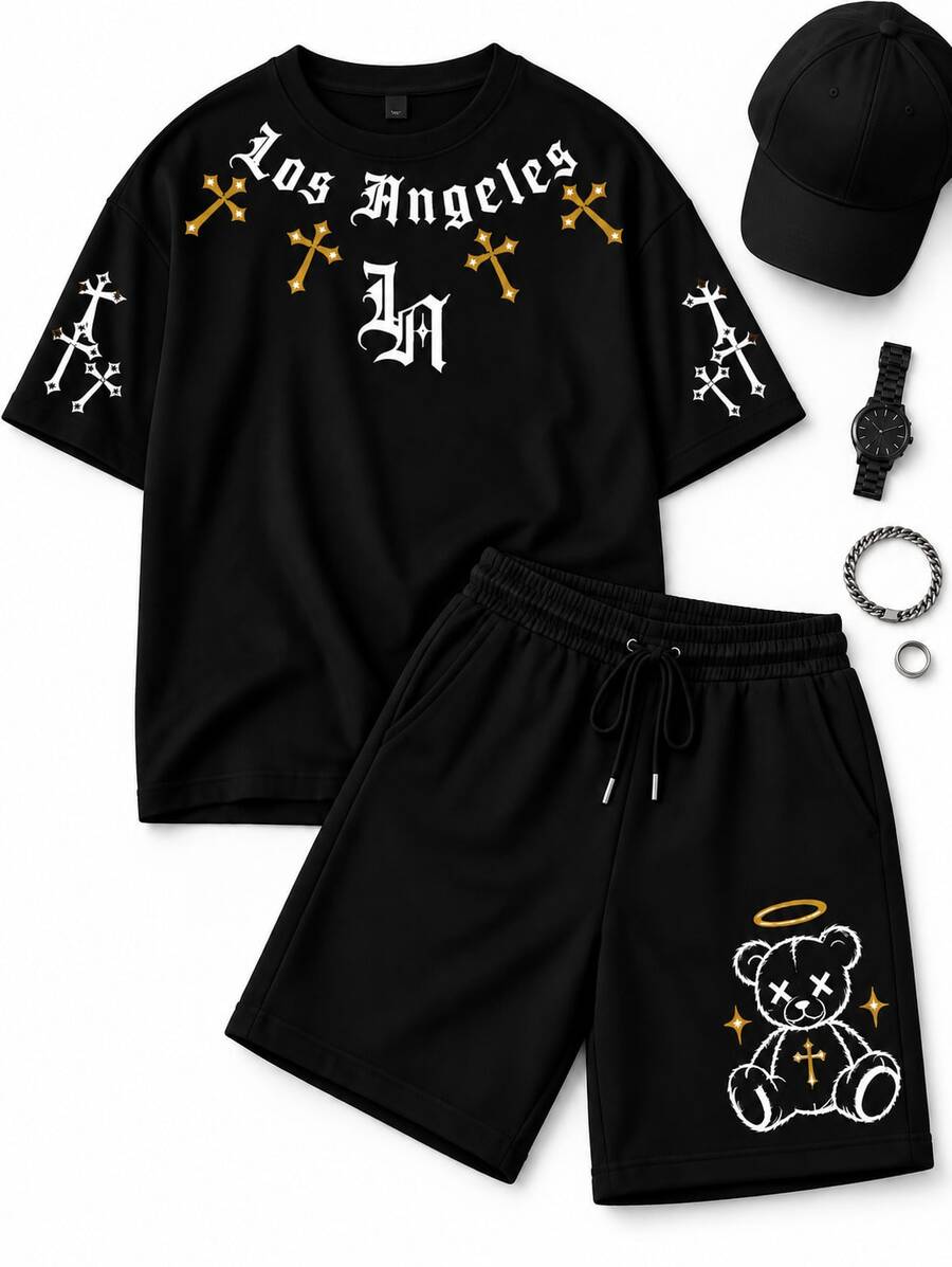 Men T-Shirt Co-Ords - Black - View 1
