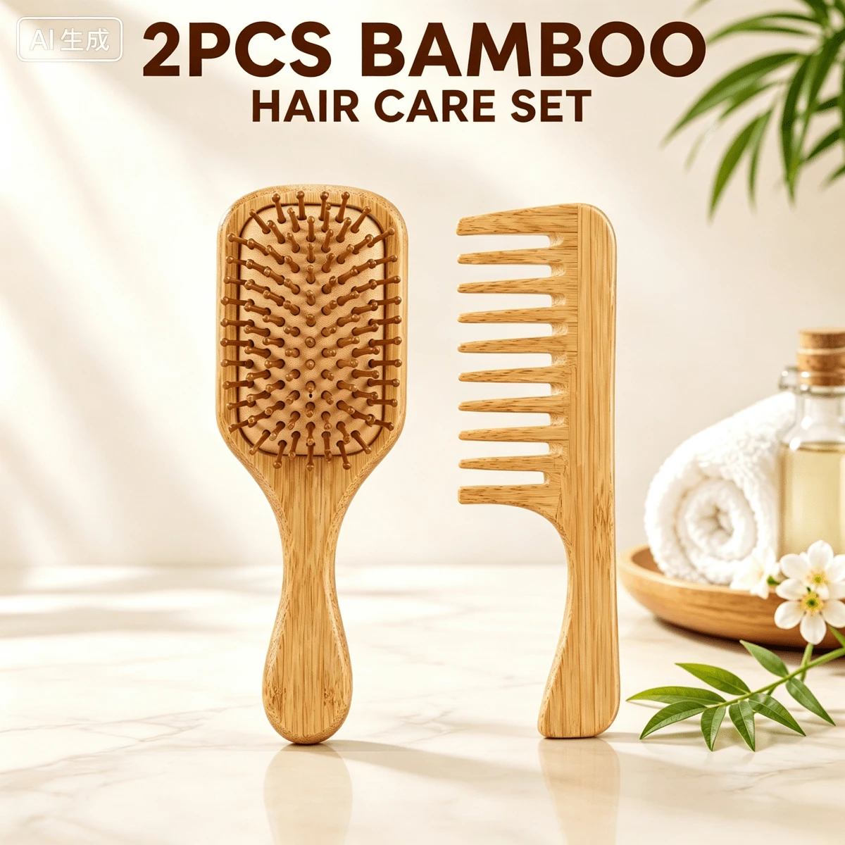 2pcs Bamboo Hair Care Set, Air Cushion Hairbrush And Wide Tooth Comb, Natural Bamboo Hair Styling Tools, Suitable For Home, Travel And Daily Use - Apricot - View 1